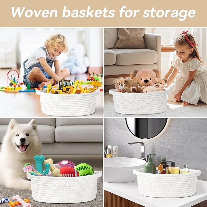 Pro Goleem Small Woven Easter Basket with Gift Bags and Ribbons Durable Burr Baskets for Gifts Empty Small Rope Basket for Storage 12"X 8" X 5" Baby Toy Baskets with Handles, White