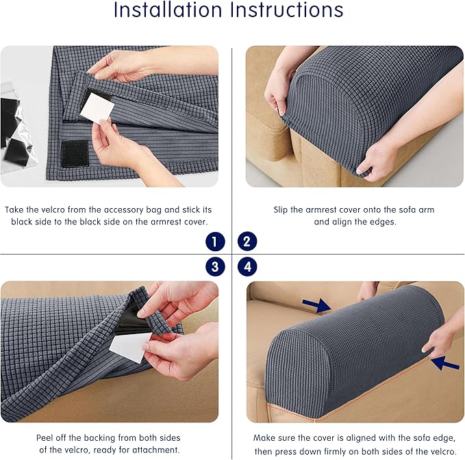 SUBRTEX Stretch Couch Arm Covers Set of 2, Checkered Sofa Arm Slipcovers, Anti-Slip Armrest Covers for Recliner and Armchairs, Pet Proof, High Stretchy, Hook & Loop Tape, Gray