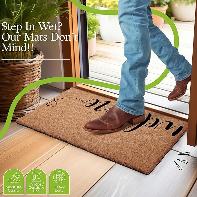 COCONIQ Coir Door Mats 17" X 30", Non-Slip Sturdy, PVC Backed Heavy Duty, Easy to Clean, Ideal for Door Entrance, Patio, Porch, Backyard, Garages, Welcome with Love