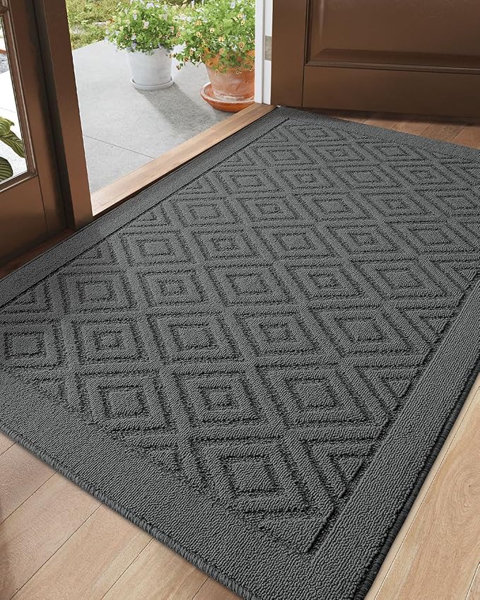 DEXI Front Door Mat for Entryway, 36x60 Washable Entry Rugs with Non Slip Backing, Low Profile Absorbent Welcome Floor Doormat for Inside Home, Entrance, Dark Grey