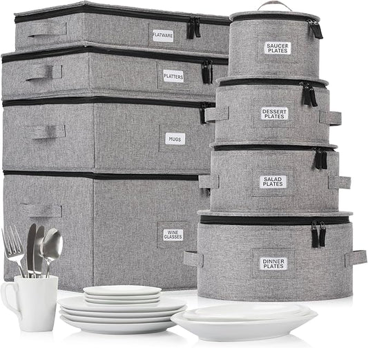 8pcs Hard Shell China Dinnerware Storage Containers with Lid - Heavy Duty Mug, Wine Glass, Platter, Silverware and Plate Storage Box