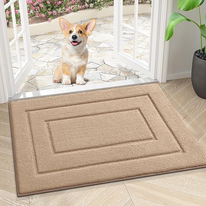 Smiry Dog Door Mat for Muddy Paws, Absorbs Moisture and Dirt, Low-Profile Entryway Mat with Non-Slip Backing, Entry Indoor Outdoor Doormat for Inside Floor (24x16 Inches, Beige, Bordered)