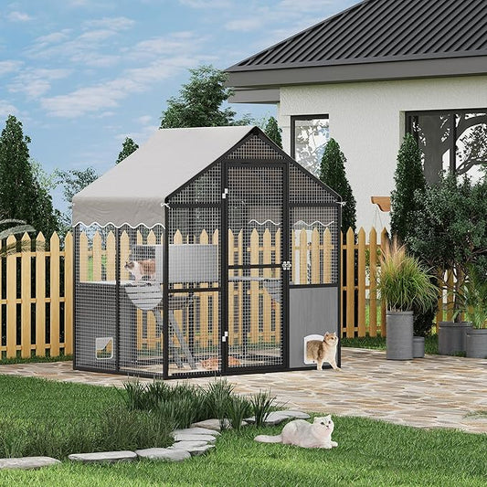 Aluminum Extra Large Catio Outdoor Cat Enclosure for Multiple Cats, Catio Large Cat Run, Cats Run Enclosure Walk in Kitten Condo with Channels, Side Door, UV Proof Cover, Huge Condo, Platform