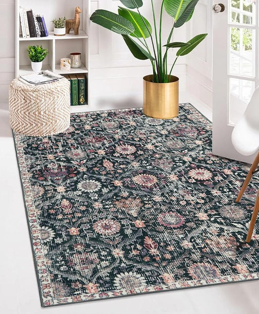 Lahome Moroccan Trellis Washable Small Area Rug, 3x5 Black Rug for Bedroom Living Room, Non-Slip Oriental Throw Carpet for Kitchen Office Entryway Bathroom Office Elise, Black/Multi