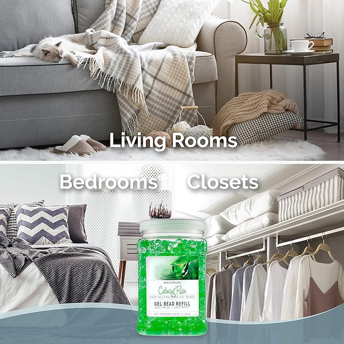 SMELLS BEGONE 48 oz Odor Eliminator Gel Bead Refill - Odor Eliminator for Bathrooms, Cars, Boats, RVs & Pet Areas - Made with Essential Oils - Calming Rain Scent