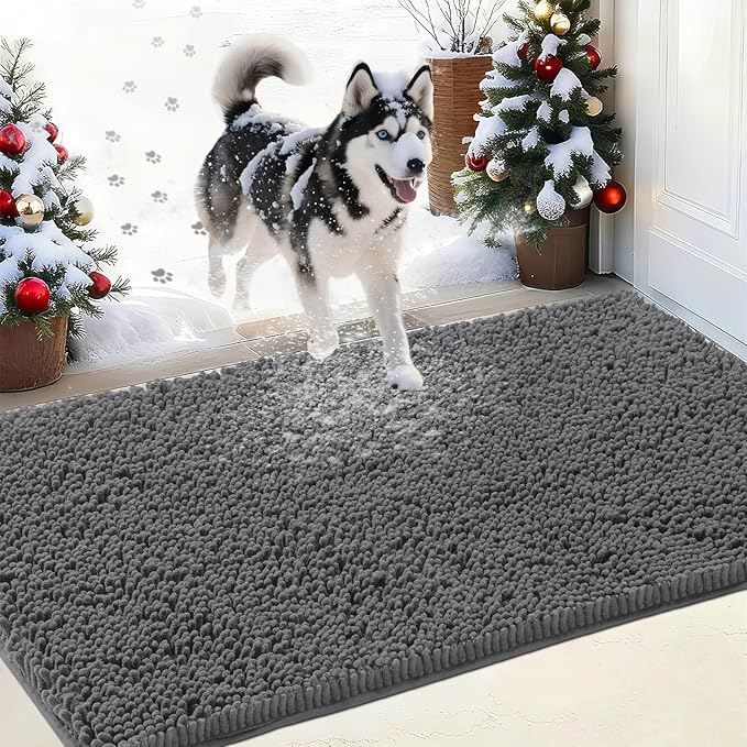IM HOME Chenille Absorbent Outdoor Doormat 48" x 30", Washable Muddy Door Mats for Dog Non Slip Indoor Doormat Dog Mat for Muddy Paw Front Inside Doormats for Entryway Grey