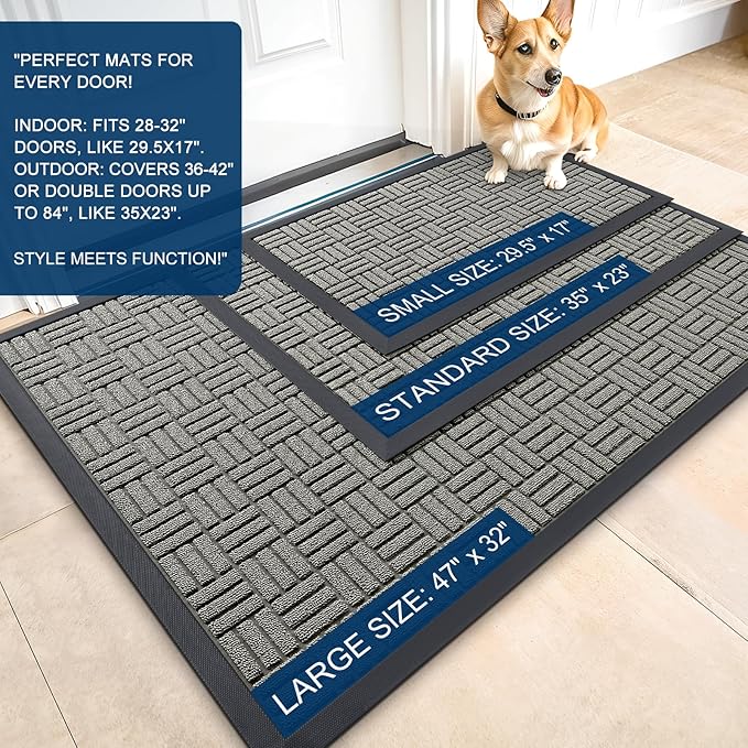OLANLY Front Door Mat Outside Entrance 59x23, Absorbent, Heavy Duty Sturdy Natural Rubber Doormat Indoor Outdoor, Non-Slip, Stain and Fade Resistant, Low Profile Floor Mat for Entryway, Modern Gray