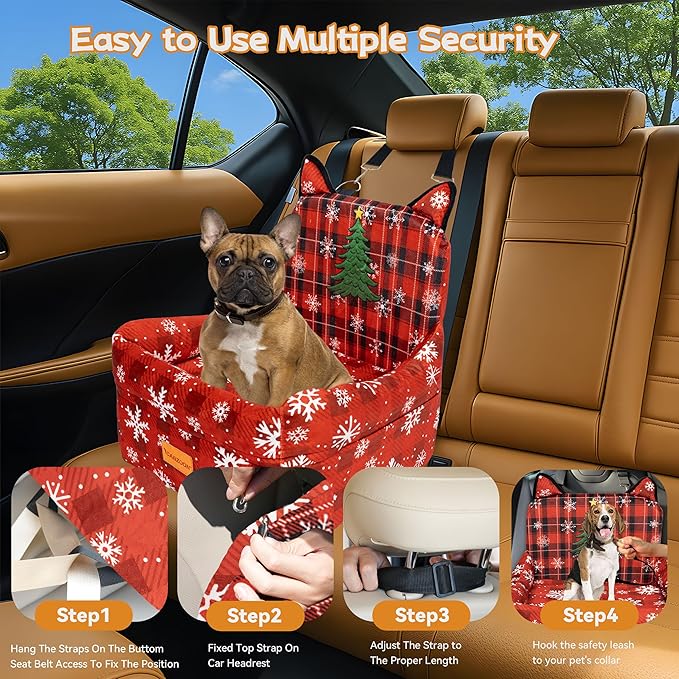CABZOON Christmas Dog Car Seat for Small/Medium Dogs Up to 35lbs,Elevated Cushion Fits in Front/Back Seat,Travel Safety Per Car Bed with Washable Removable Cover, Storage 2 Pockets Christmas Tree
