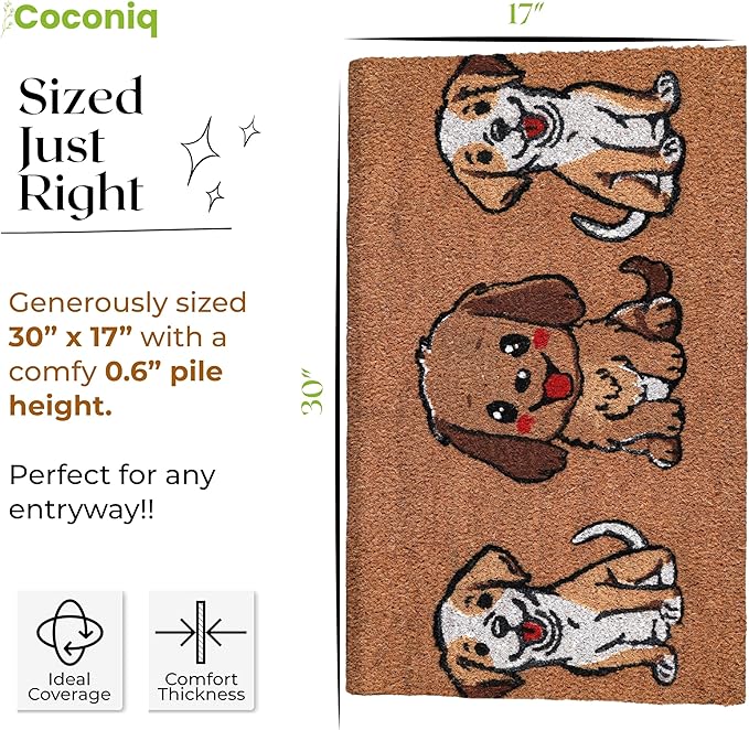 COCONIQ Coir Door Mats 17" X 30", Non-Slip Sturdy, PVC Backed Heavy Duty, Easy to Clean, Ideal for Door Entrance, Patio, Porch, Backyard, Garages, The 3 Cute Musketeer Puppies