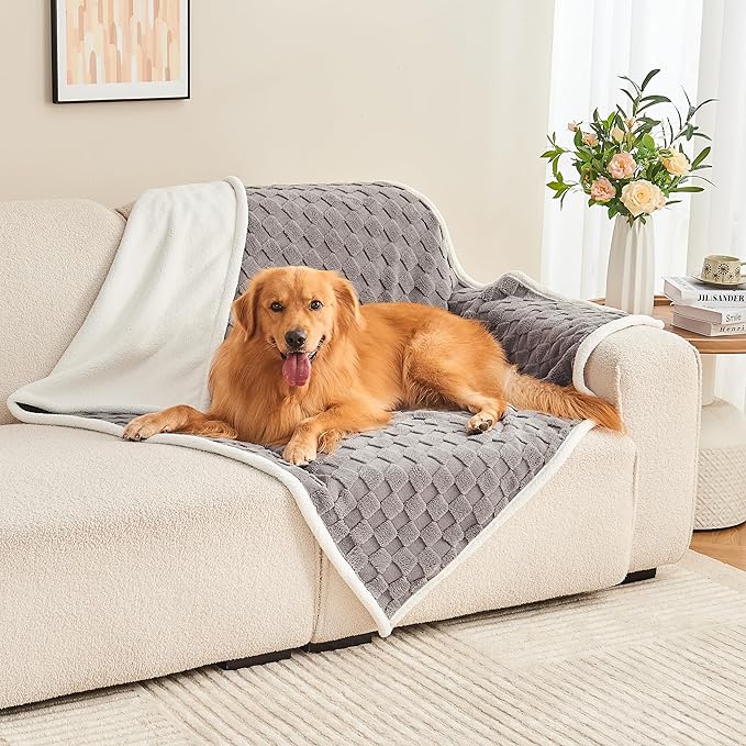 Yaning Checkered Waterproof Blanket for Bed Couch Sofa Car, Fluffy Soft Dog Blanket with 3D Jacquard Grid Pattern, Reversible Leakproof Pet Blankets for Dogs Cats Puppies, Grey, 60"x80"