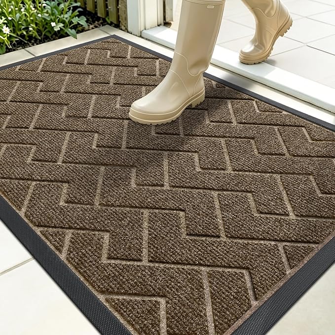 OLANLY Front Door Mat Indoor Outdoor Entrance, Waterproof All-Season, All-Weather Doormat, Sturdy Natural Rubber, Low Profile, Easy Clean Patio Porch Entryway Mat, Herringbone Brick (Brown, 35x23)