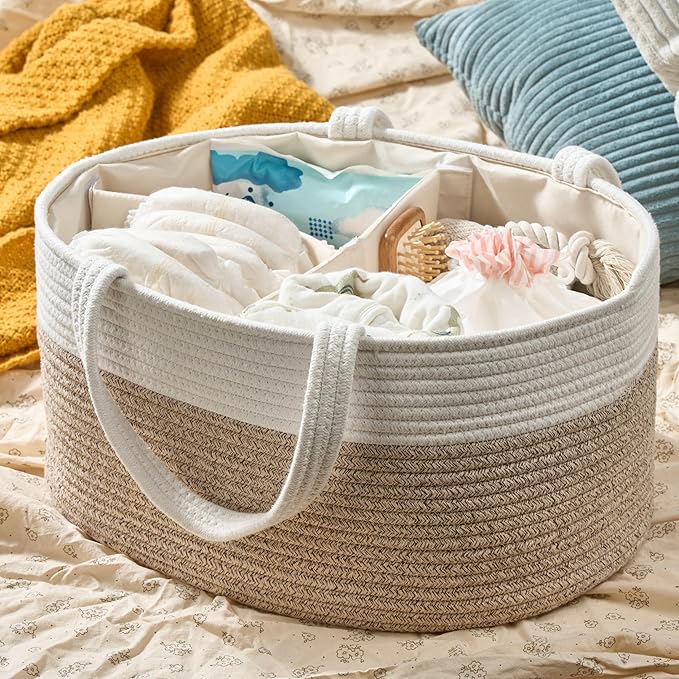 Diaper Caddy Organizer, Empty Gift Basket for Newborn Essentials, Baby Storage Basket, Stylish Gift Bag for Baby Shower, Boys and Girls - Extra Large, White&Beige Brown