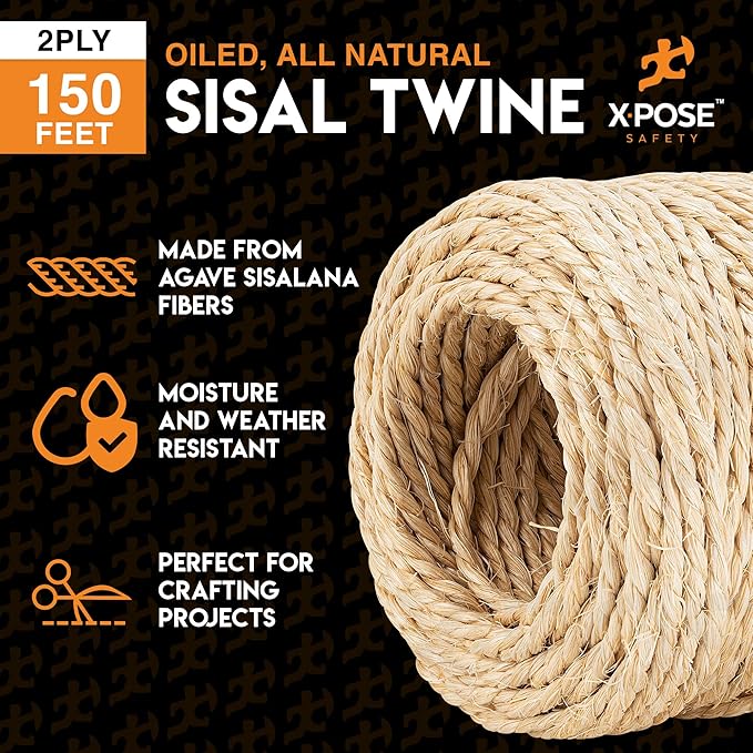 Sisal Twine - Thin Natural Fiber Rope on Spool - Rope for Cat Scratching Post, Cat Tree Replacement Parts, Pet Toy - Decorative Cordage, Pole Wrap (2, 2 Ply 150ft)
