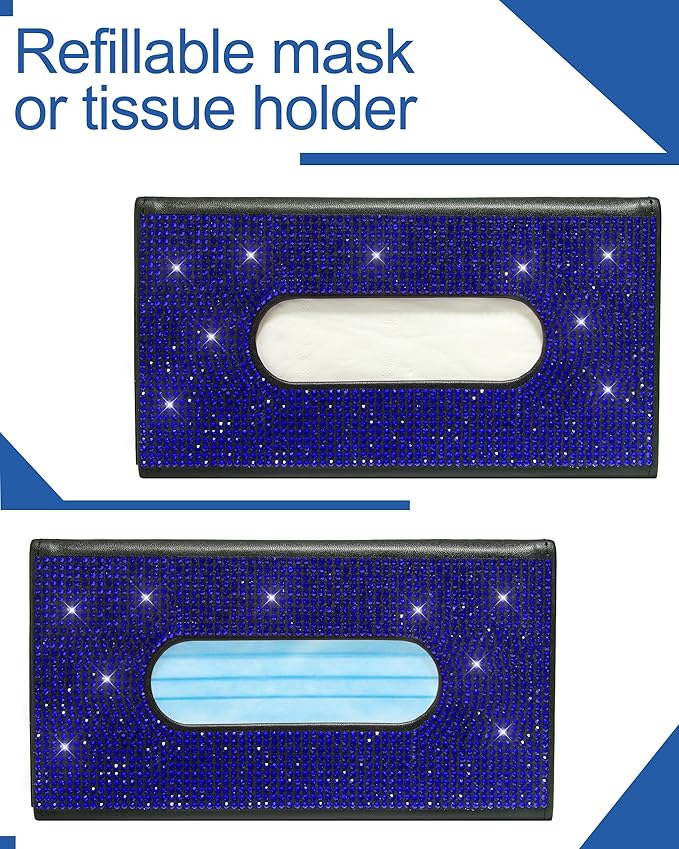 Bling Car Sun Visor Tissue Box Holder,PU Leather with Bling Crystal Rhinestones Tissue Holder,Car Accessories for Women (Blue)