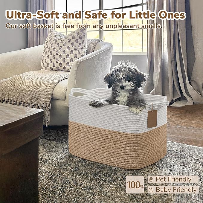 Goodpick Woven Storage Baskets for Organizing, Nursery Toy Baskets Storage Kids, Cotton Rope Basket with Handles, Rectangle Blanket Basket for Living Room, 18 x 14 x 12 Inches