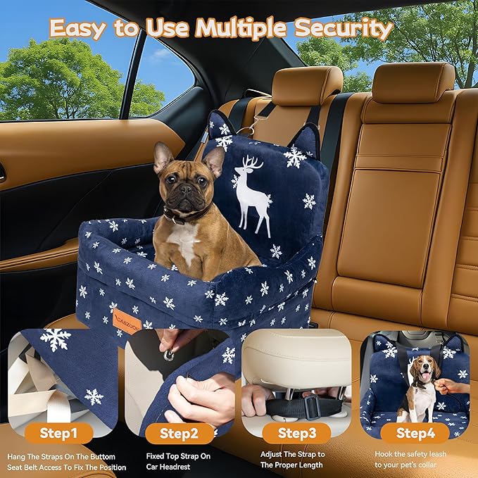 CABZOON Christmas Dog Car Seat for Small/Medium Dogs Up to 35lbs,Elevated Cushion Fits in Front/Back Seat,Travel Safety Per Car Bed with Washable Removable Cover, Storage 2 Pockets Christmas Elk