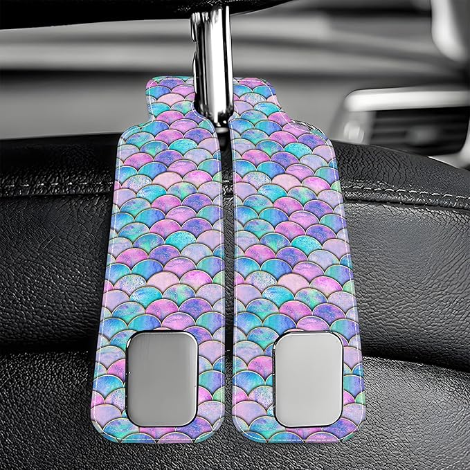 AEWNUNK Car Headrest Purse Hanger Watercolor Mermaid Fish Scale 1 Pack Bag Purse Holder for Car Premium Leather Double Metal Hook for Handbags, Grocery Bags and Phones