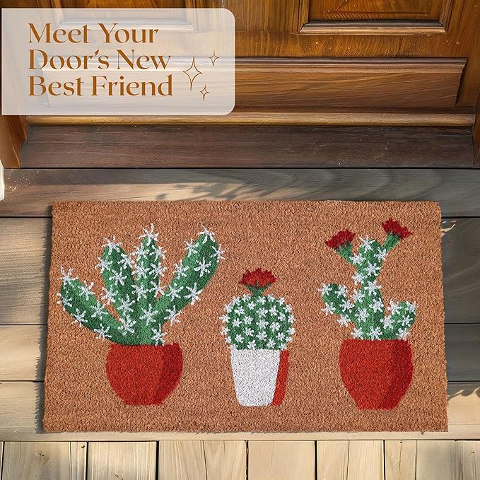 COCONIQ Coir Door Mats 17" X 30", Non-Slip Sturdy, PVC Backed Heavy Duty, Easy to Clean, Ideal for Door Entrance, Patio, Porch, Backyard, Garages, Sparkling Cactus