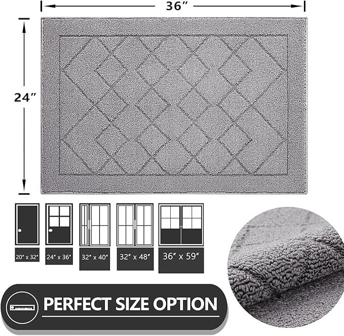 REFETONE Indoor Doormat, Front Back Door Mat 24"x36" Rubber Backing Non Slip Mats, Absorbent Washable Entrance Doormat for Entryway, Resist Dirt Low-Profile Inside Floor Mat for Muddy Shoes Light Grey