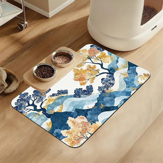 Japanese Wave Tree Dog Food Mat–Absorbent Quick Dry Feeding Placemat for Food and Water Bowls, Non Slip Rubber Backing, Waterproof Pet Supplies for Mess-Free Eating 12"x20"