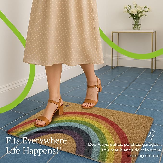 COCONIQ Coir Door Mats 17" X 30", Non-Slip Sturdy, PVC Backed Heavy Duty, Easy to Clean, Ideal for Door Entrance, Patio, Porch, Backyard, Garages, Sparkle of Rainbows
