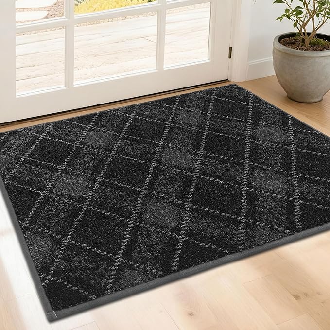 COSY HOMEER Plaid Door Mat 24" x 36",Dirt Trapper Entryway Rugs,Non-Slip Washable Farmhouse Doormat,Low Profile Welcome Mats for Paws Dark Grey