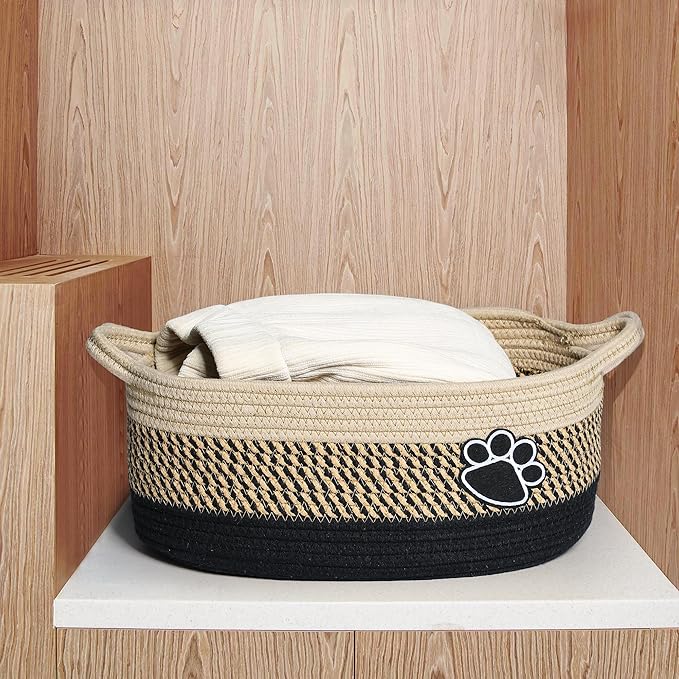 Small Woven Baskets for Organizing Rope Storage Basket with Handle Cute Cotton Nursery Gift Dog Toy Bins Organizer-Light Beige