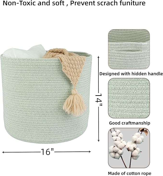 XUANGUO Cotton Rope Baskets For Girls Boys Kids 16”X14” Baby Laundry Basket Nursery Bin Round Woven Basket Organizer For Storage Toys Blankets Shoes Clothes light green