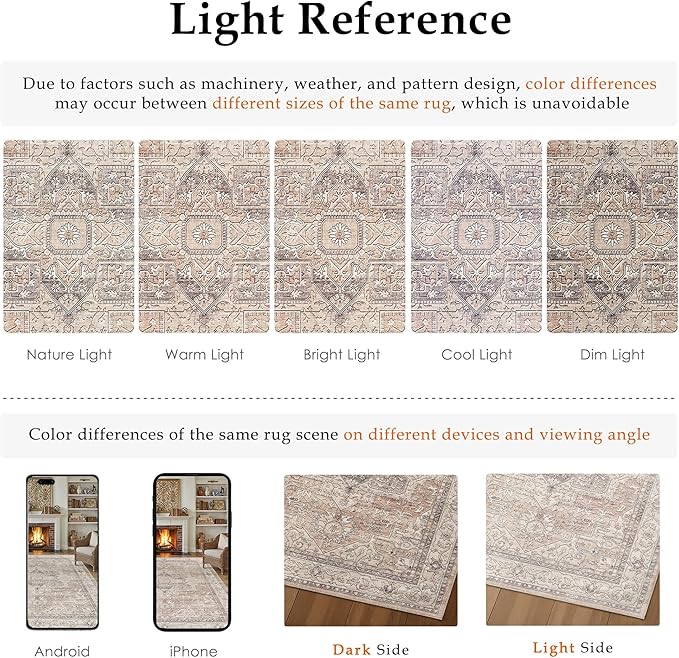 9x12 Washable Vintage Area Rug Coral Oriental Living Room Bedroom Throw Rug Neutral Non Slip Soft Low Pile Carpet for Dining Room Office Nursery Indoor