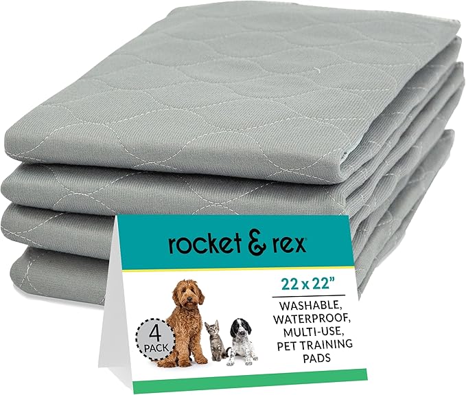 rocket & rex Premium Washable Pee Pads for Dogs, Waterproof & Reusable Puppy Pads for Potty Training, Whelping, Lining Crates & More, Guaranteed for up to 300 Washes, 22" x 22" (Pack of 4)