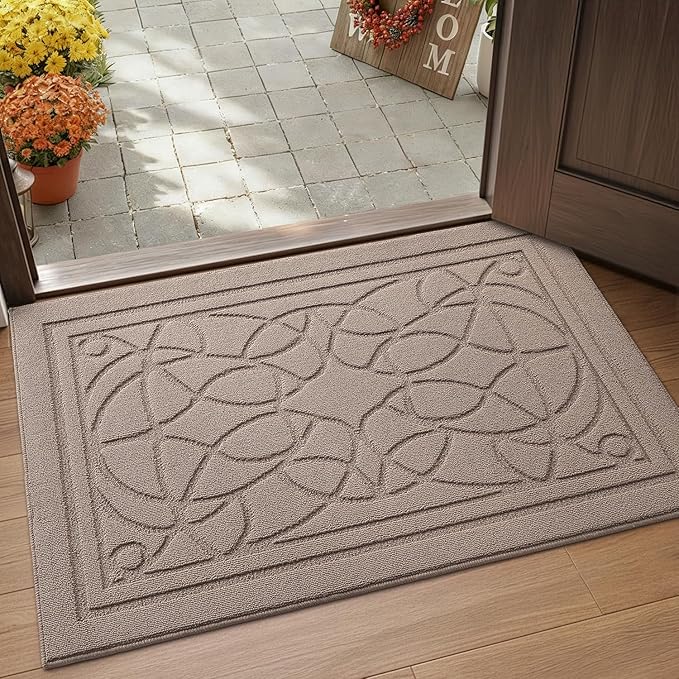 DEXI Front Entryway Door Mat Non Slip 24x36, Washable Inside Entry Way Mats Low Profile Entrance, Welcome Dirt Trapper Doormat Thin for House Floor Home Porter Hall Backdoor Area, Beige