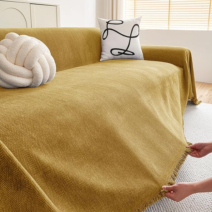 hyha Couch Cover for Dogs, Boho Sofa Covers for 3 Cushion Couch Washable, Chenille Sofa Slipcover for Pets, Soft Loveseat Sectional Couch Throw Blankets with Tassels (Yellow, 71x134 Inch)