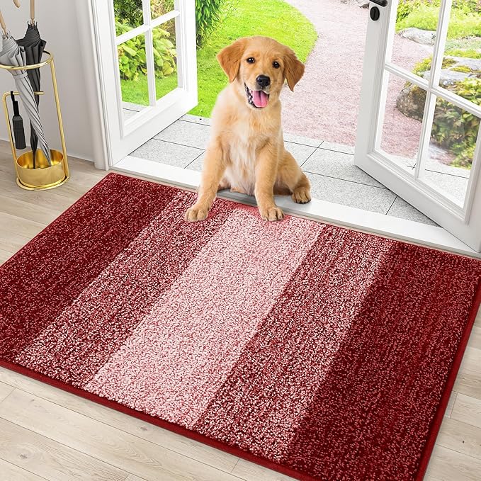 Smiry Dog Door Mat for Muddy Paws, Absorbs Moisture and Dirt, Low-Profile Entryway Mat with Non-Slip Backing, Entry Indoor Outdoor Doormat for Inside Floor (30x20 Inches, Burgundy, Striped)