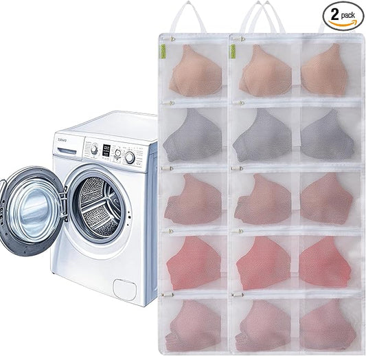 Laundry Bra Bag, 2 Pcs Bra Washing Bags, Lingerie Bags for Washing Delicates, Holds 10 D-F Cups Sizes, Underwear Brassiere Washing Bag with Zipper for Laundry Storage