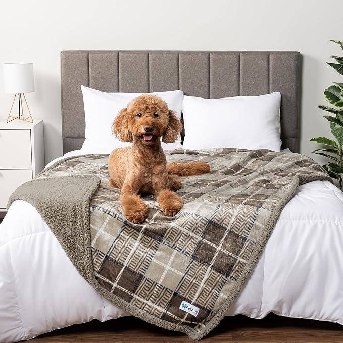 PetAmi Waterproof Dog Blanket for Medium Large Dog Puppy Cat Throw for Couch Cover Leakproof Protection, Sherpa Fleece, Reversible Soft Washable 60x40 Plaid Taupe