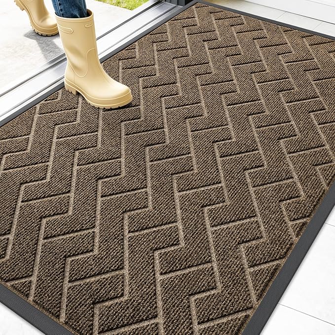 OLANLY Front Door Mat Indoor Outdoor Entrance, Waterproof All-Season, All-Weather Doormat, Sturdy Natural Rubber, Low Profile, Easy Clean Patio Porch Entryway Mat, Herringbone Brick (Brown, 47x32)