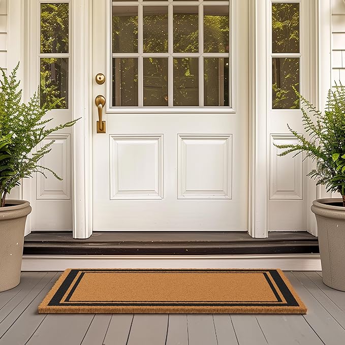 Barnyard Designs Natural Coco Coir Heavy Duty Backing Doormat - Large Cute Non-Slip Front Door Welcome Mat for Outside Entrance or Porch Entry, Brown (24x36, Border)