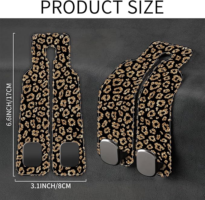 AEWNUNK Car Headrest Purse Hanger Abstract Gold Glitter Leopard 1 Pack Bag Purse Holder for Car Premium Leather Double Metal Hook for Handbags, Grocery Bags and Phones