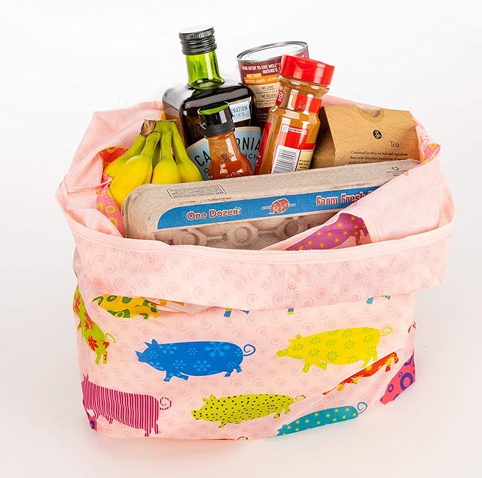 O-WITZ Reusable Grocery Bags | Vibrant Tote Bag For Groceries, Gym, Office, Beach Gear, Toys & More | Washable Design With Large Handles For Maximum Convenience | Folds Into A Small Pouch, Pig
