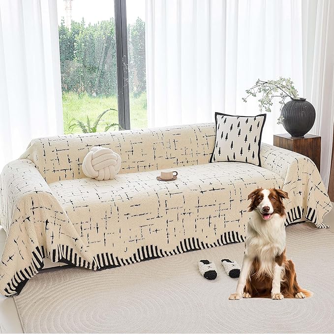 Sherpa Fleece Oversized Couch Cover for 3-4 Cushion Sofa, Beige 71" x 150" - Pet Proof Sofa Covers Heavy Duty Scratch Resistant Pet Friendly Furniture Cover - Easy Install, Machine Washable