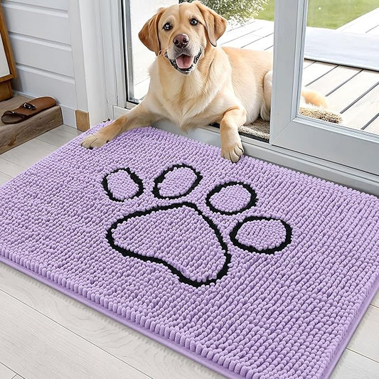 OLANLY Dog Door Mat for Muddy Paws 36x24, Paw Print Design, Absorbs Moisture and Dirt, Absorbent Non-Slip Washable Doormat, Quick Dry Chenille Mud Mat for Dogs, Entry Indoor Entryway Carpet, Lavender