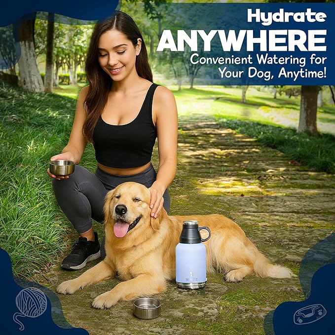 Stainless Steel Insulated Water Bottle with 2 Removable Water Bowls for Dogs – Leak-Proof Portable Dog Water Bottle - Travel Accessories for Dogs - 32oz - Lavender