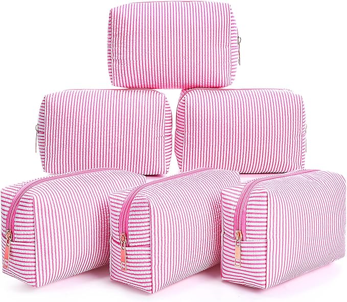 Sanwuta 6 Pcs Seersucker Cosmetic Bags Bulk Seersucker Makeup Bags Stripe Women Pouch Large Preppy Storage Pouch Toiletry Travel Organizer for Wedding Bridesmaid Bride Favor Mom Gift (Pink)