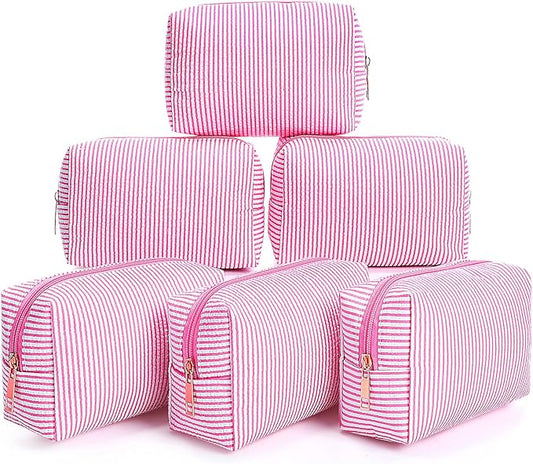 Sanwuta 6 Pcs Seersucker Cosmetic Bags Bulk Seersucker Makeup Bags Stripe Women Pouch Large Preppy Storage Pouch Toiletry Travel Organizer for Wedding Bridesmaid Bride Favor Mom Gift (Pink)