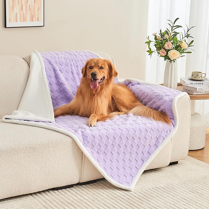 Yaning Checkered Waterproof Blanket for Bed Couch Sofa Car, Fluffy Soft Dog Blanket with 3D Jacquard Grid Pattern, Reversible Leakproof Pet Blankets for Dogs Cats Puppies, Lilac, 50"x60"