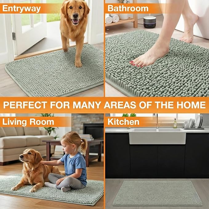 Neater Pets Chenille Dog Door Mat 24” x 17” – Super Absorbent & Quick-Dry Muddy Paws Doormat for Trapping Dirt, Water, Mud - Non-Slip & Machine Washable Pet Rugs for Entryway, Indoor Mud Mats, Green