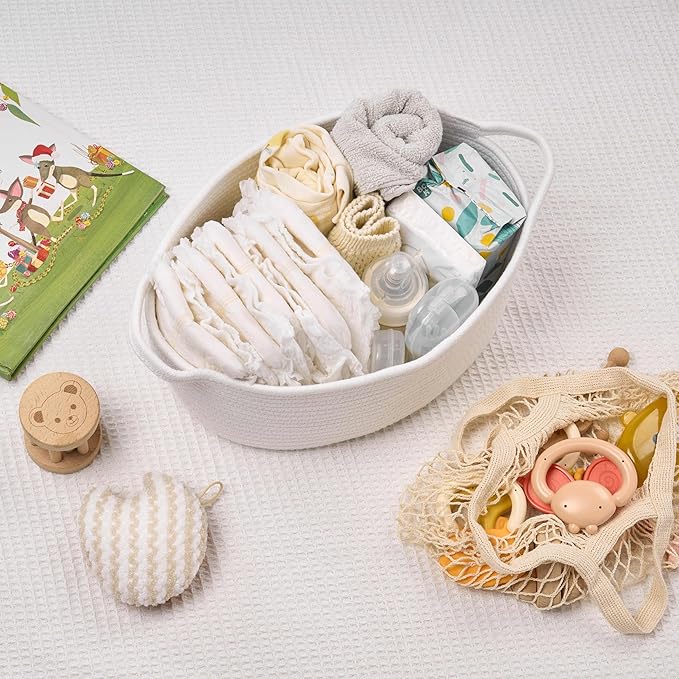 Small Woven Gift Basket Empty with Bag & Ribbon - Gifts for Mom, Baby Shower, Birthdays & Raffle - Cotton Rope Storage Basket for Dog Toys or Shelf - 13.4"x10"x5.5", Large, White