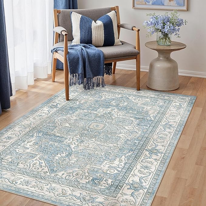 4x6 Washable Vintage Area Rug Blue Oriental Soft Entryway Throw Rug Neutral Non Slip Low Pile Small Carpet for Kitchen Bathroom Living Room Bedroom