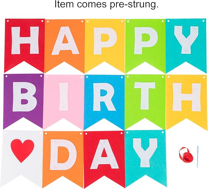 LOVENJOY Pre-strung Assembled Happy Birthday Banner Rainbow Bunting Decorations, Durable Felt Fabric Reusable