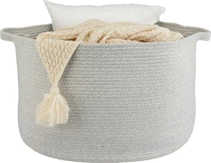 XUANGUO Extra Large Cotton Rope Basket – 22"x14" Woven Storage Baskets for Blankets, Toys, Laundry, and Nursery – Round Basket for Living Room, Kids, and Pets Grey